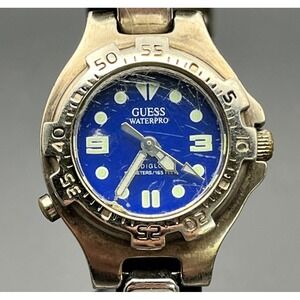 Vintage Guess Waterpro Indiglo Watch Blue Dial Stainless Steel Diver 50M